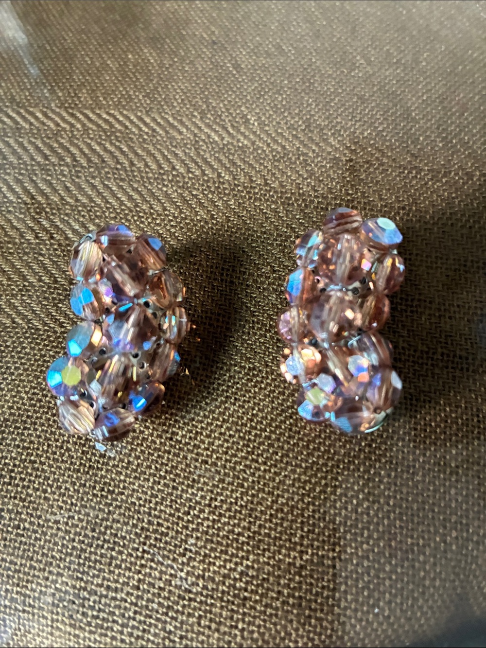 Vintage Aura Borealis brown Crystal bead Cluster Clip-On Earrings